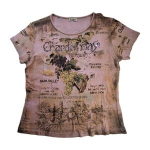 Wine Y2K Sz S Top Romantic Grunge Chardonnay Graphic VTG French AOP Bedazzled